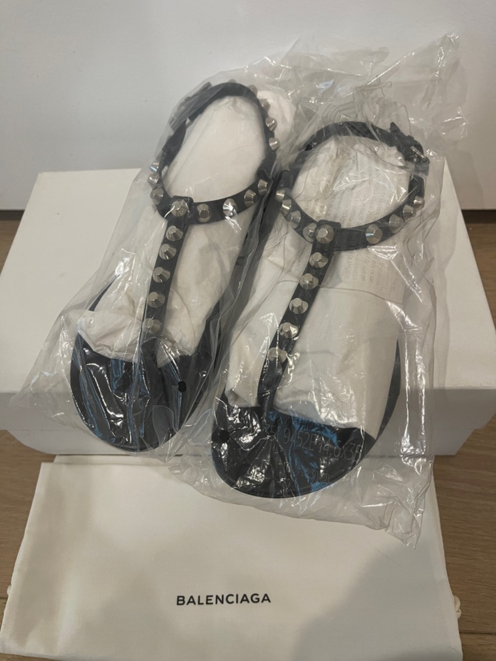 Balenciaga Black Leather Studded T-Strap Sandals - Picture 9 of 11